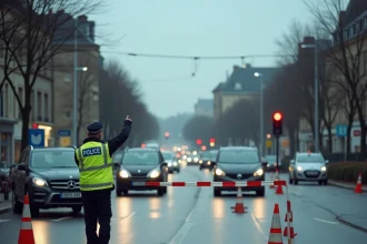 Embouteillage et perturbations de circulation à Rennes suite à un accident de la route avec cônes de signalisation et policier en gilet jaune