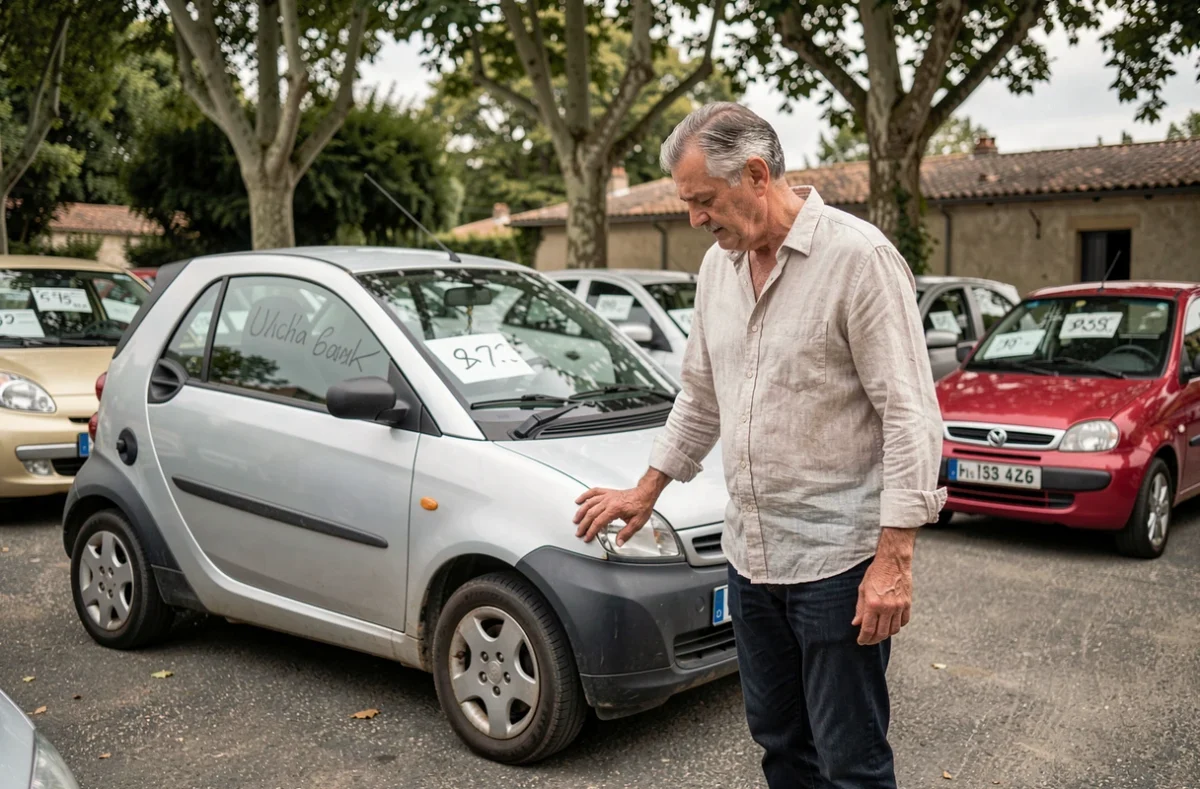 Homme examinant une voiture sans permis d'occasion dans un garage local en Drôme