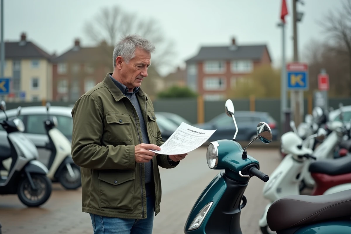 Acheteur de scooter d'occasion comparant la cote Argus sur papier avec un deux-roues dans un parc de véhicules usagés