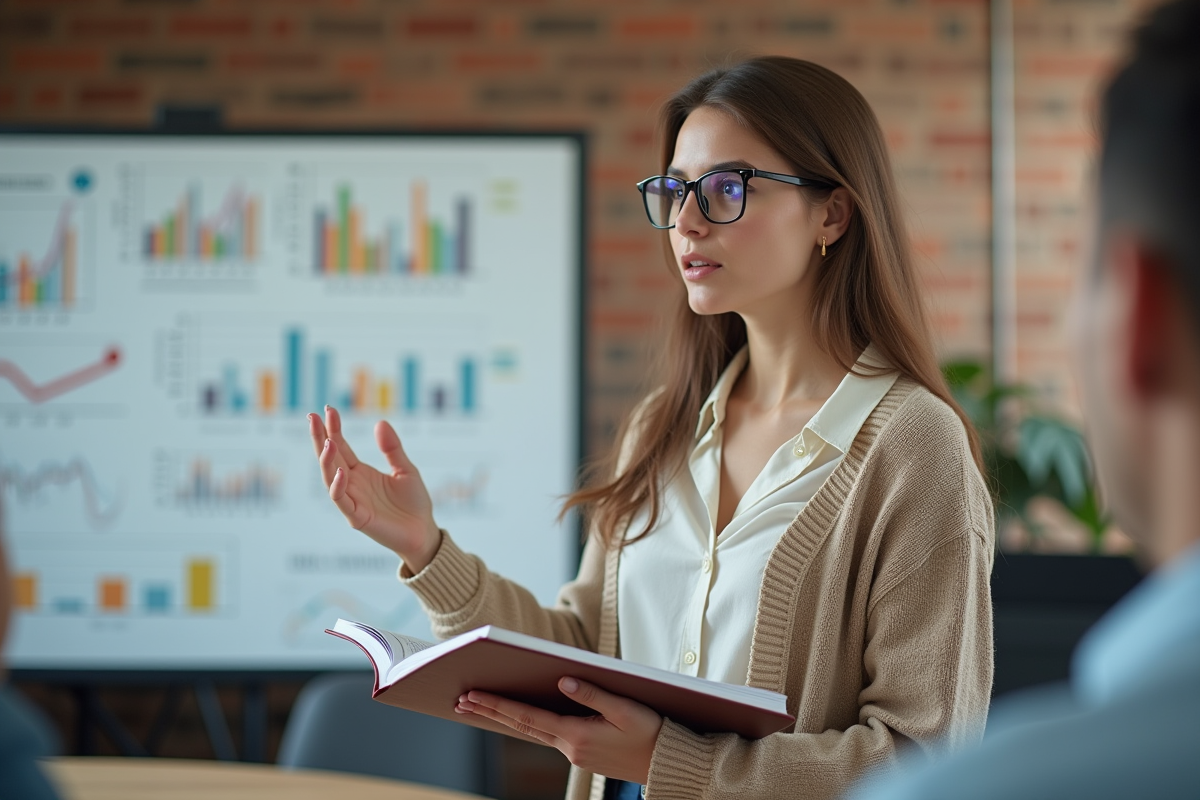 Jeune actuaire femme expliquant des diagrammes sur un tableau blanc
