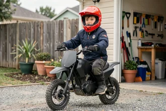 Adolescent de 14 ans en équipement de protection assis sur une moto 50cc dans une allée résidentielle
