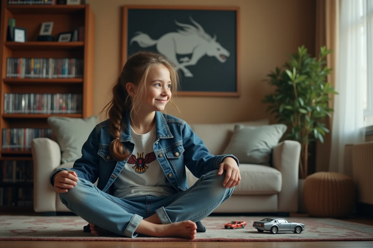Adolescente dans un salon avec posters et modèles de voitures