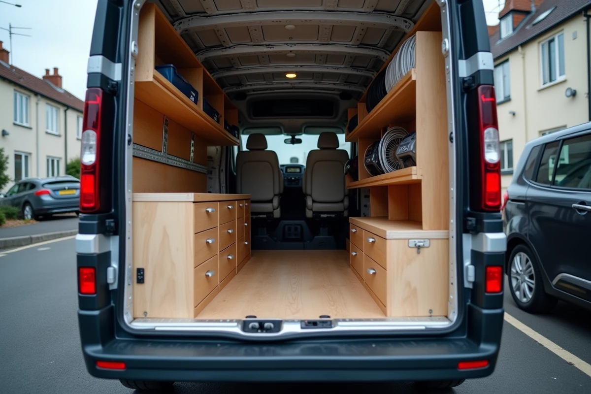 Aménagement intérieur utilitaire d'un Trafic L1H1 avec étagères en bois, tiroirs et rangements optimisés selon les dimensions du fourgon