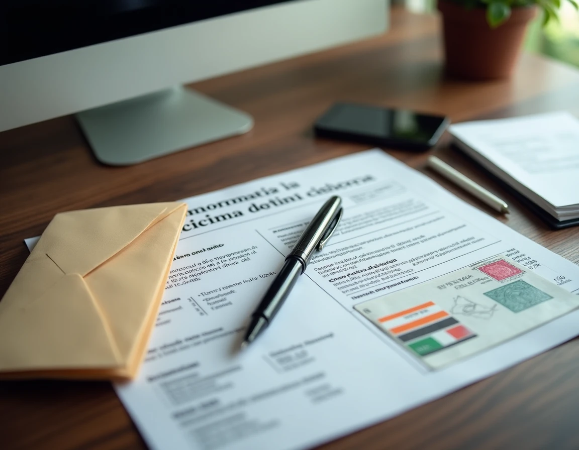 Avis d'amende italienne posé sur un bureau avec enveloppe timbrée, assurance et contrat de location pour contestation