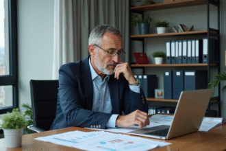 Analyste assurance homme en blazer dans un bureau moderne