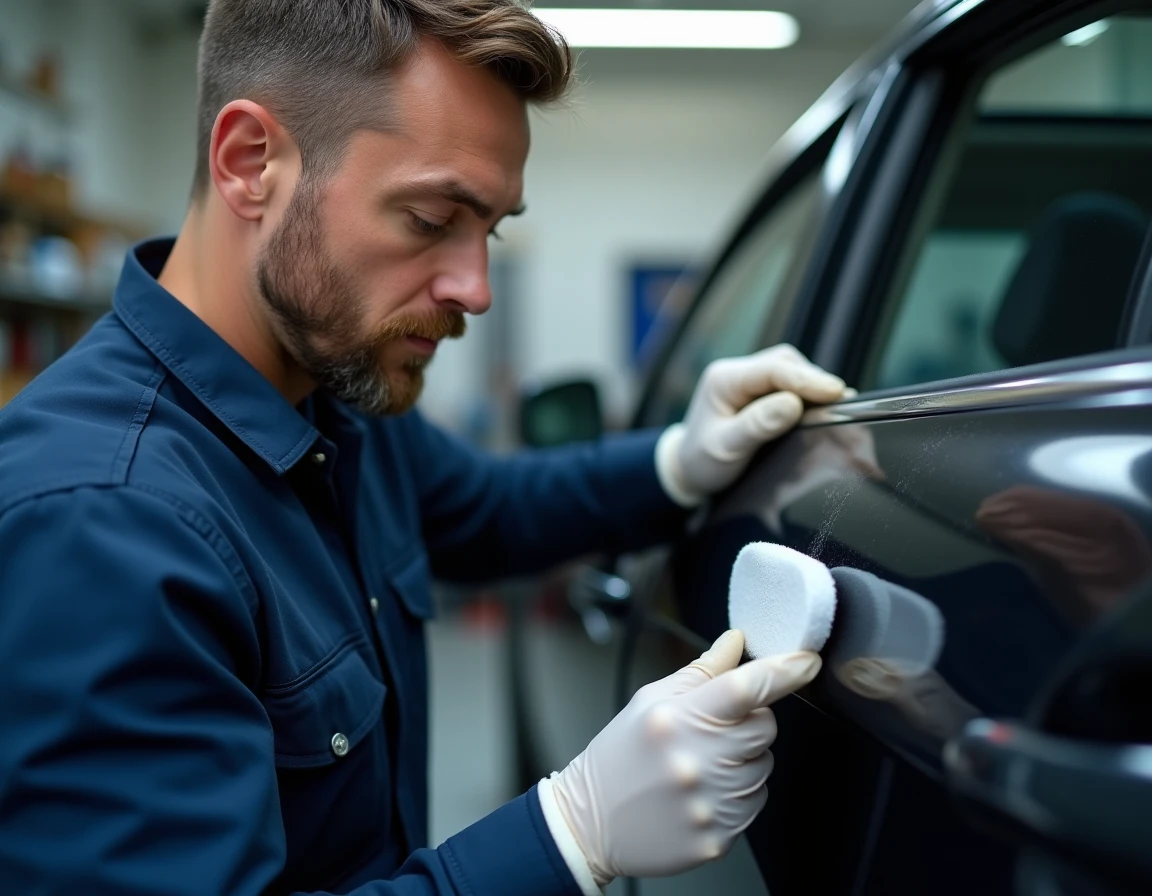 Mécanicien appliquant un rénovateur plastique sur la baguette rayée d'une portière de voiture dans un garage