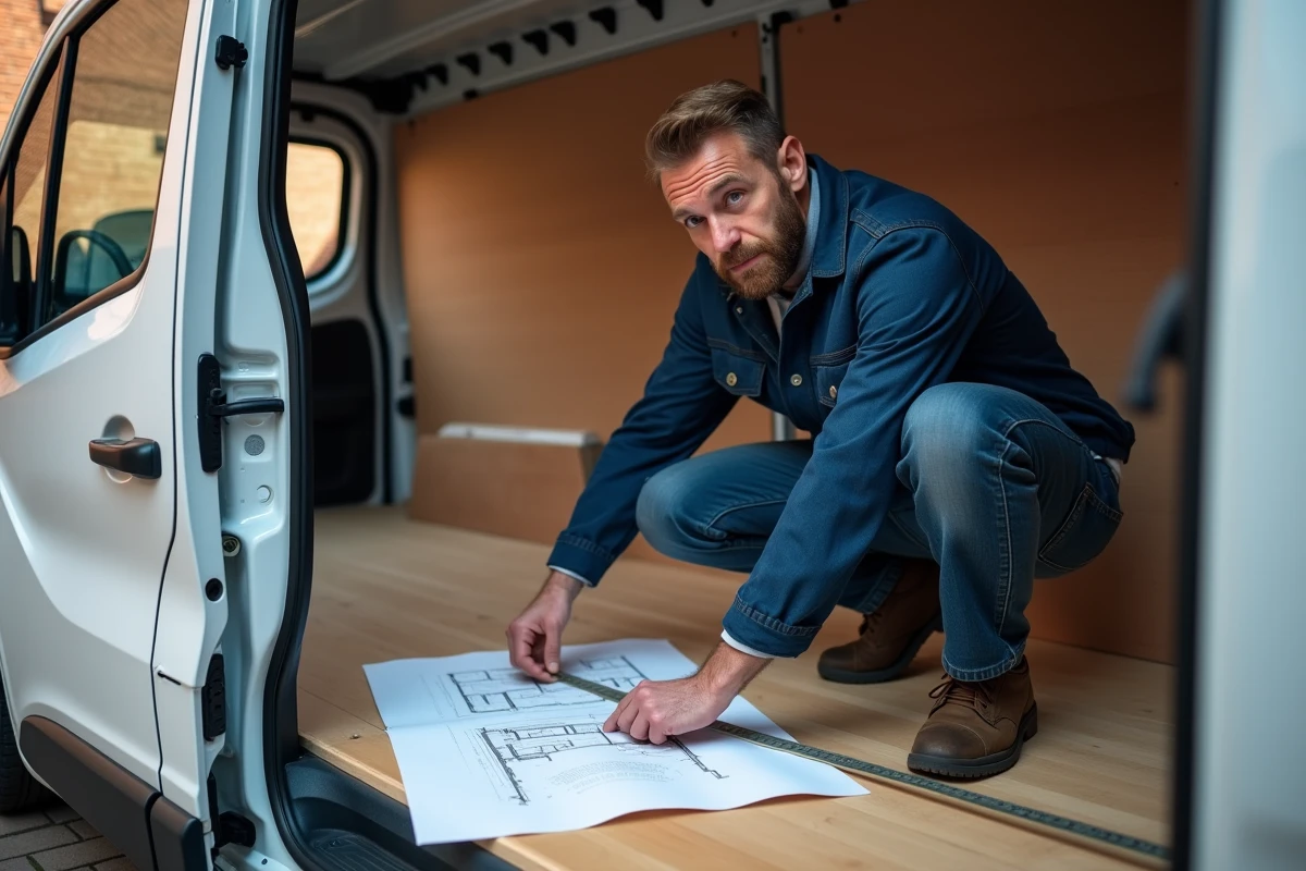 Artisan mesurant les dimensions intérieures d'un Renault Trafic L1H1 avec un mètre ruban, plan d'aménagement utilitaire en main