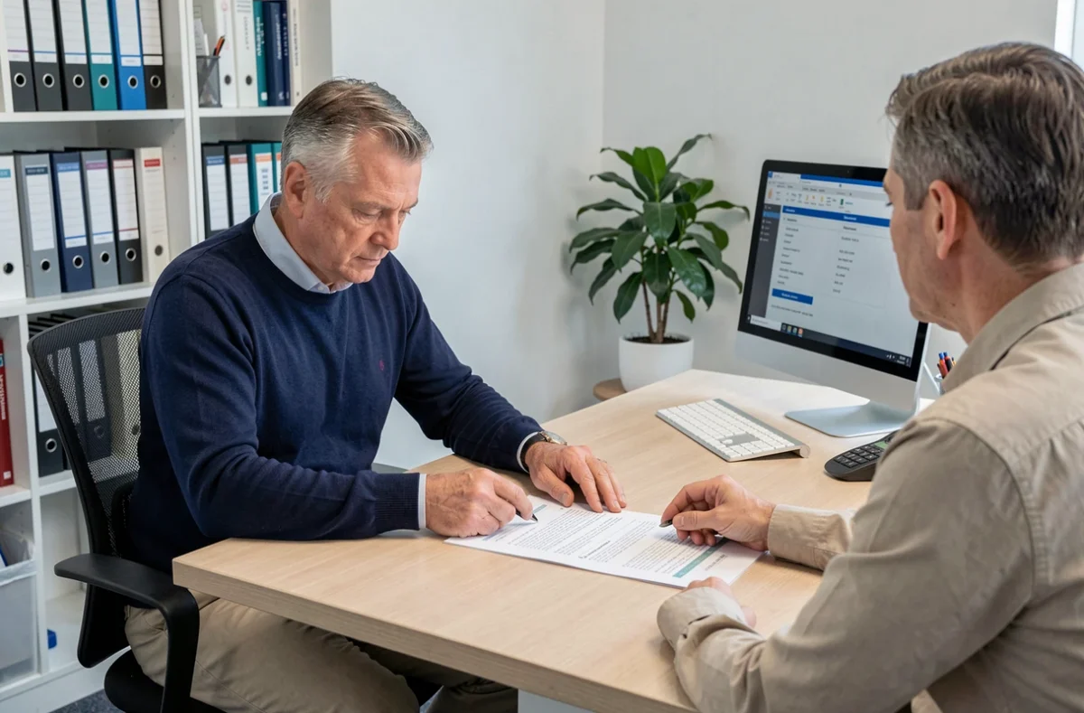 Client et conseiller en assurance discutant du contrat d'assurance auto minimum en agence