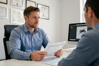 Homme consultant un agent d'assurance pour assurer une moto sans permis valide