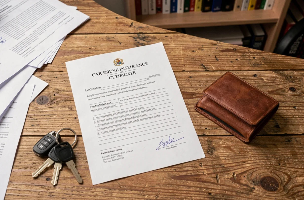 Document d'assurance voiture expiré posé sur un bureau avec des clés de voiture et un portefeuille ouvert