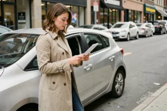Femme consultant ses documents d'assurance voiture obligatoire à côté de sa voiture en ville