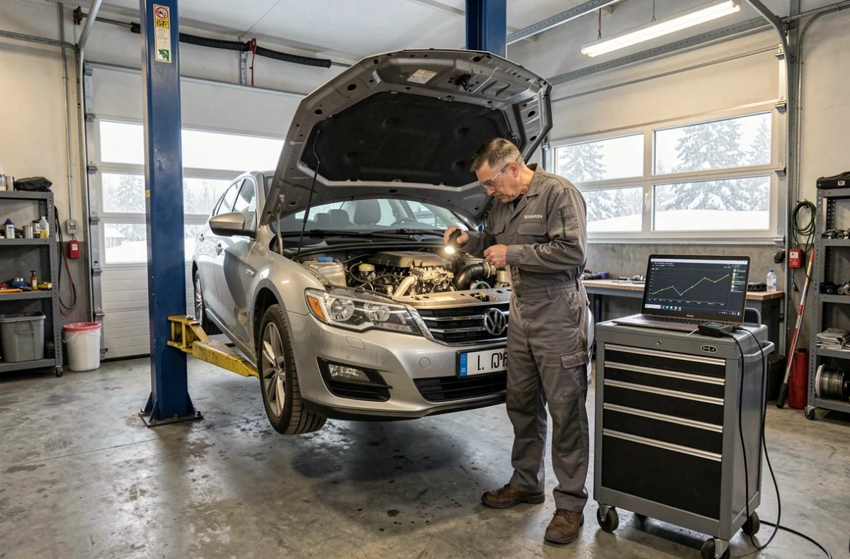 Technicien automobile inspectant le système d'injection d'un moteur diesel soulevé sur pont en atelier pendant l'hiver pour diagnostiquer le code erreur 1351