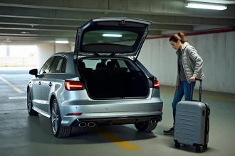 Femme chargeant une valise dans le coffre ouvert d'une Audi A3 Sportback dans un parking souterrain