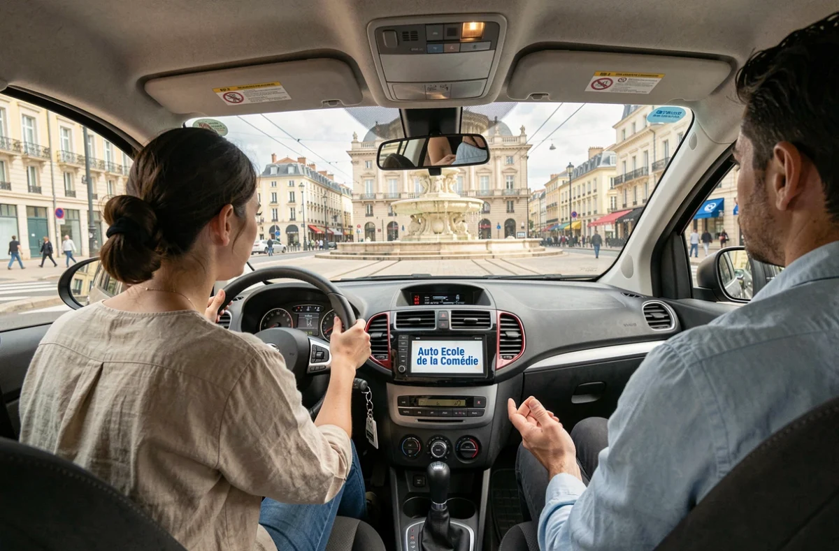 Élève conductrice de l'auto-école de la Comédie naviguant en voiture devant la place de la Comédie à Montpellier