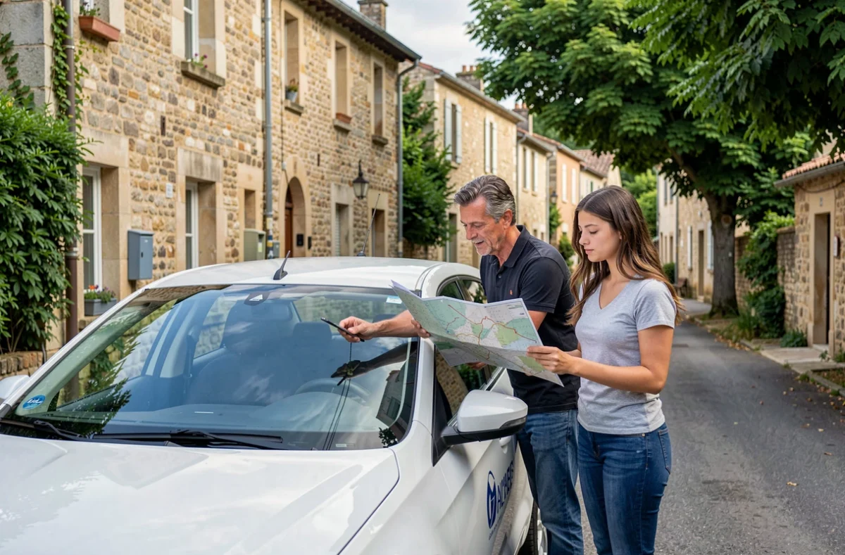Moniteur et élève de l'auto-école Debernard à Saint-Germain-les-Belles consultant une carte de route devant le véhicule école