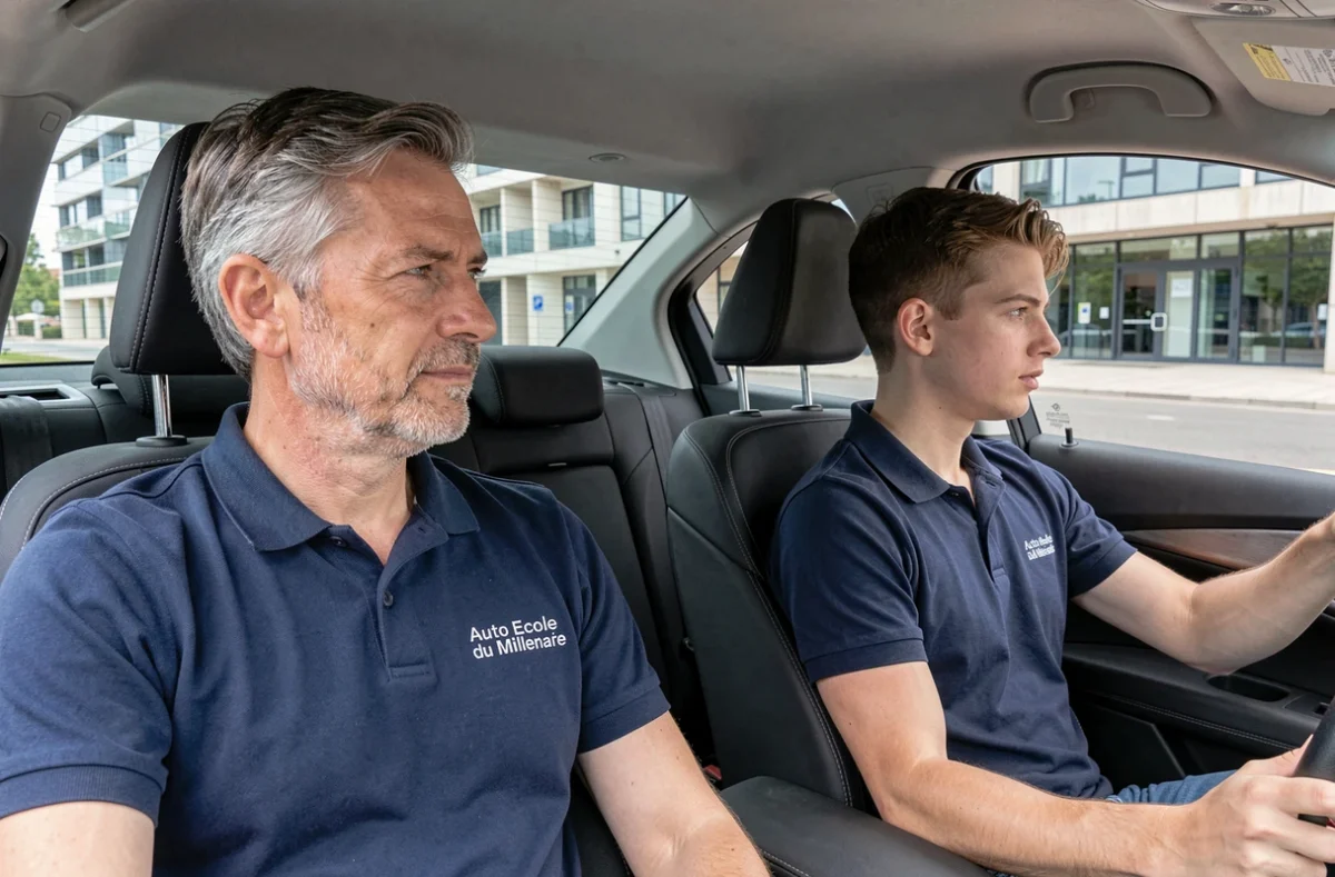 Moniteur de l'auto-école du Millénaire supervisant un élève au volant dans le quartier Millénaire de Montpellier