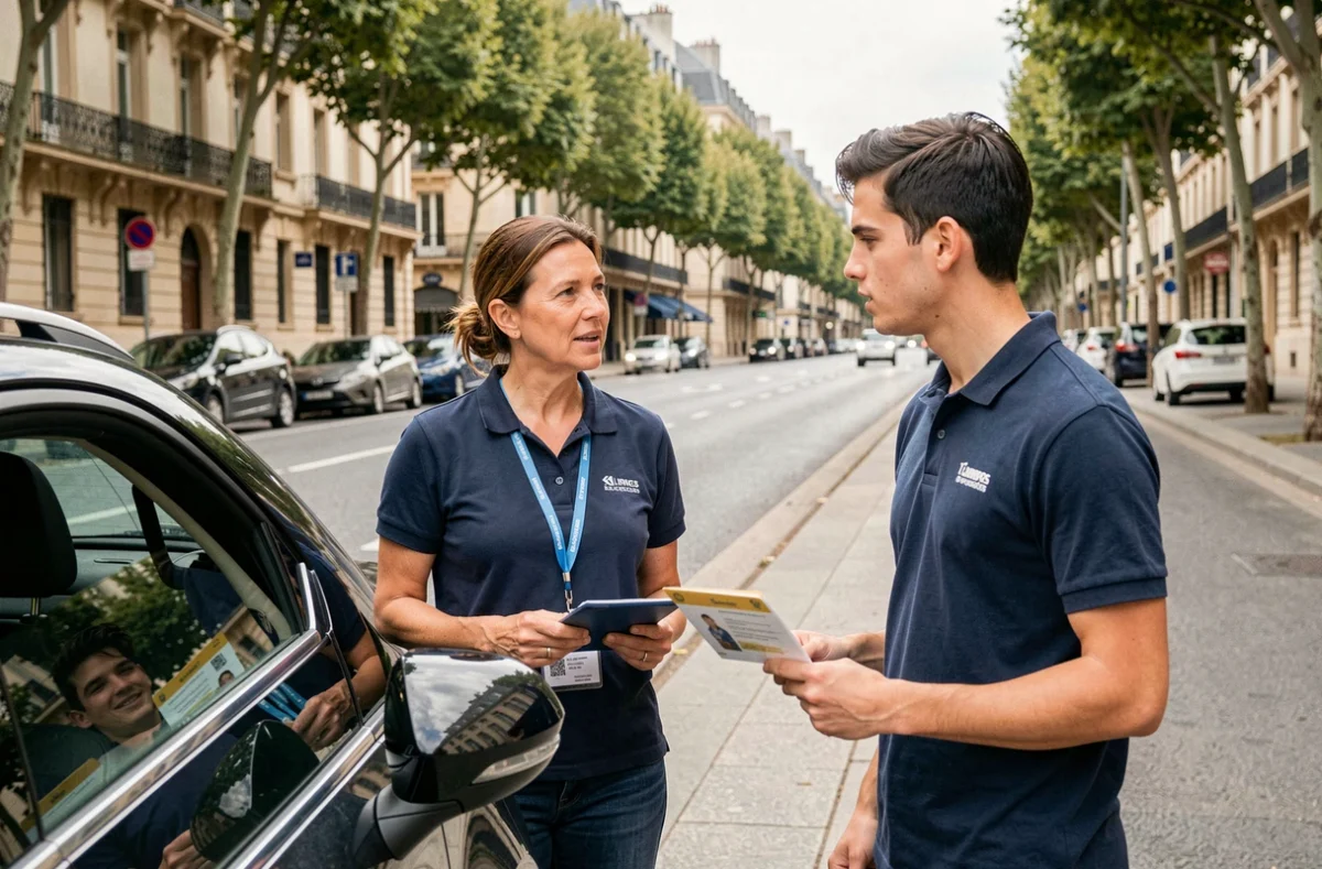 Monitrice de l'auto-école Gourserol à Limoges donnant des instructions à un élève devant le véhicule école sur un boulevard