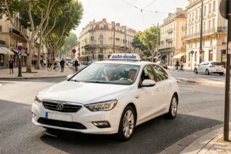 Vue urbaine d'une auto-école à Montpellier avec un élève conducteur et un moniteur dans une voiture double commande traversant le centre-ville