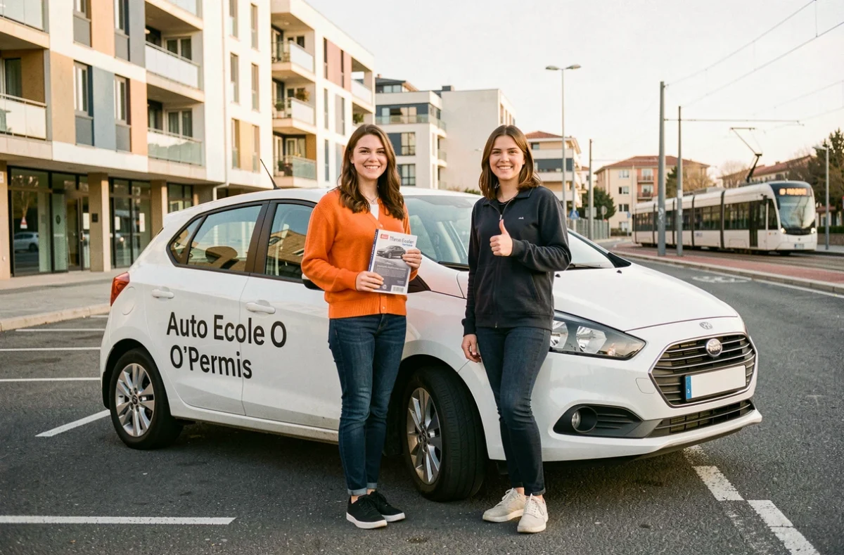 Jeune femme et monitrice devant la voiture de l'auto-école O'Permis à Montpellier, livret de conduite en main