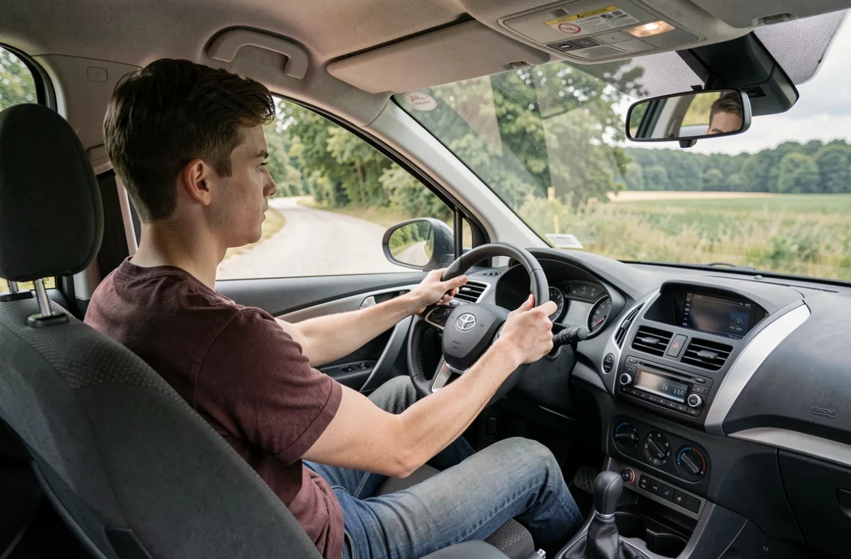 Élève masculin au volant d'une voiture d'auto-école Starter à Aixe-sur-Vienne lors d'une leçon de conduite