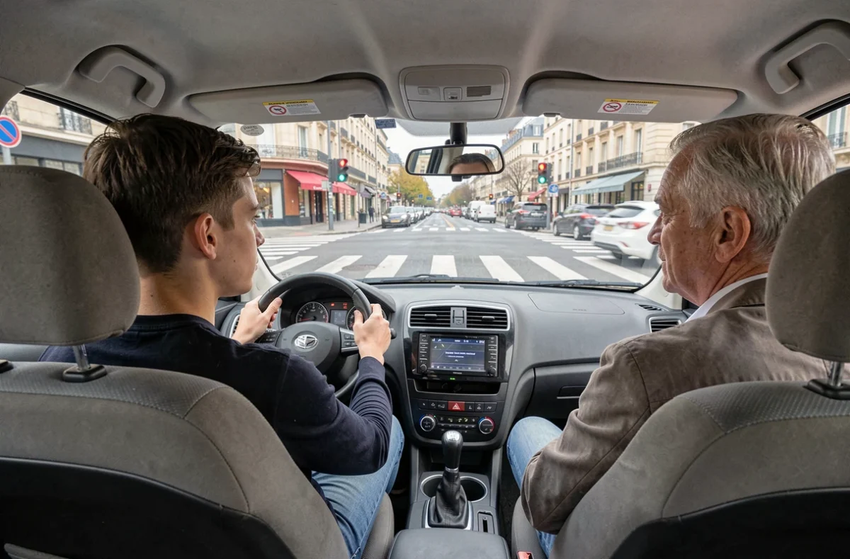 Élève de l'auto-école Turbo Conduite à Limoges au volant dans une intersection urbaine animée accompagné de son moniteur