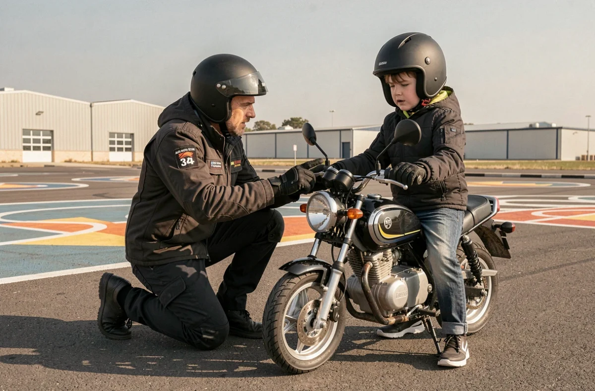 Moniteur moto de l'auto-moto école Fred 34 encadrant un élève motocycliste sur une aire d'entraînement à Montpellier