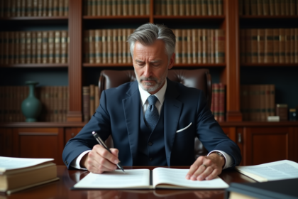 Avocat en costume bleu dans son bureau avec documents juridiques