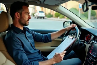 Homme professionnel calculant ses frais kilométriques dans sa voiture avec un formulaire de remboursement