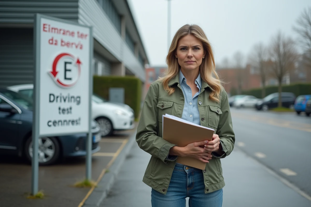 Femme devant un centre d'examen du permis de conduire tenant ses documents pour repasser le code