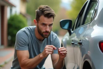 Homme tenant une pile CR2032 à côté d'une Renault Clio 4 garée dans une allée résidentielle