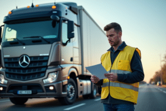 Conducteur professionnel vérifiant documents à côté d'un camion moderne
