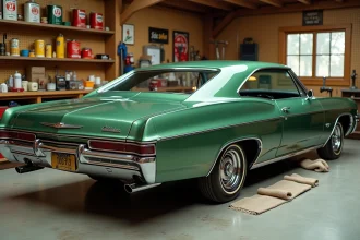 Chevrolet Impala 1967 4 portes restaurée en vert métallisé dans un garage américain vintage