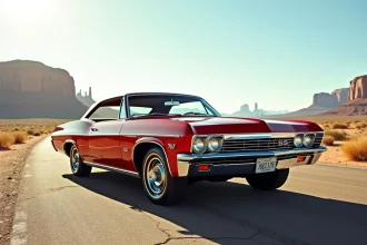 Chevrolet Impala 1967 rouge candy-apple garée sur une route désertique américaine, vue trois-quarts avant mettant en valeur son chrome et sa carrosserie iconique