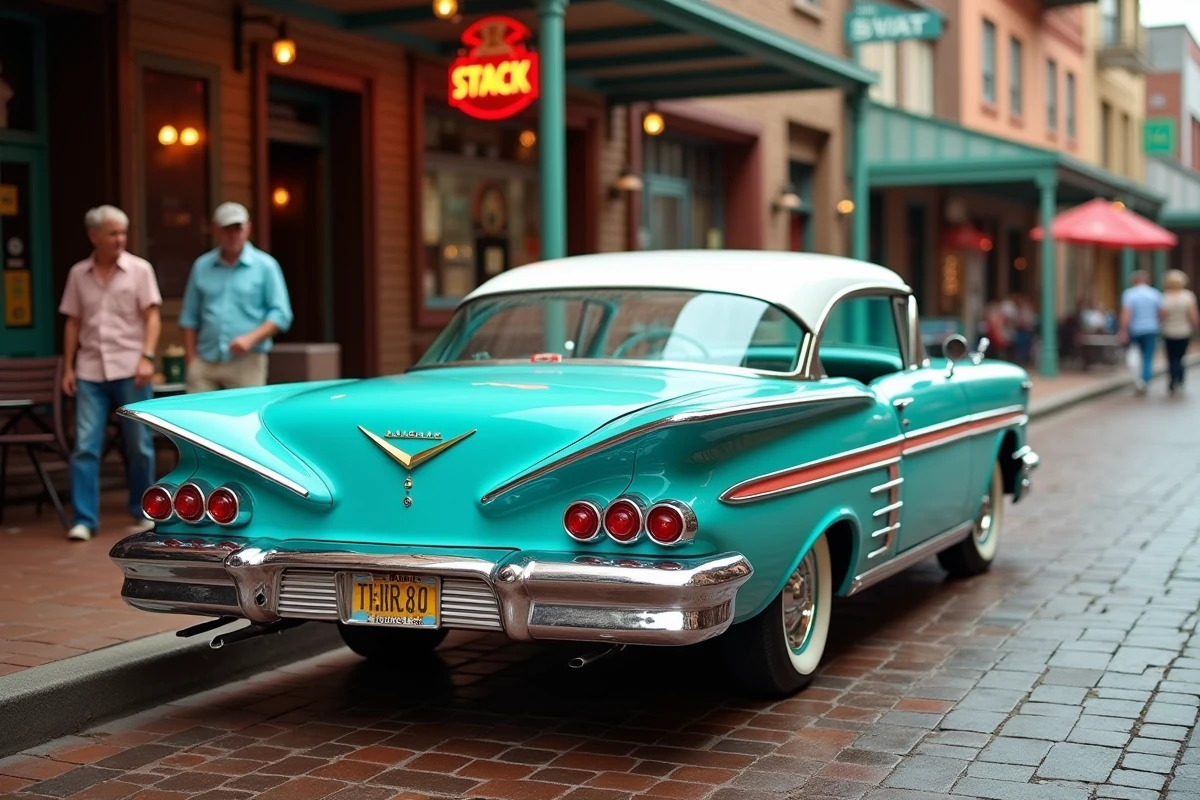 Chevrolet Impala 1958 bicolore turquoise aux ailerons emblématiques garée dans une rue principale américaine lors d'un rassemblement de voitures classiques
