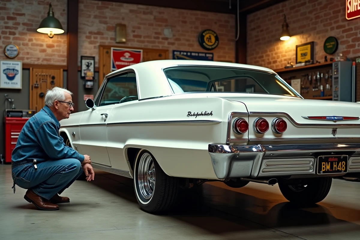 Mécanicien examinant une Chevrolet Impala 1964 blanche restaurée dans un garage vintage américain avec murs en briques apparentes et décor d'époque