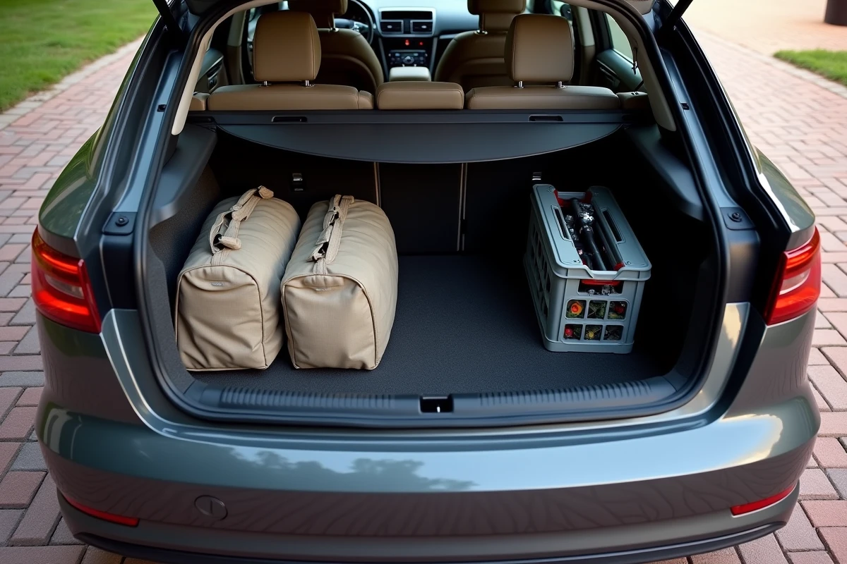 Vue intérieure du coffre d'une Audi A3 Sportback chargé de bagages et d'un landau plié