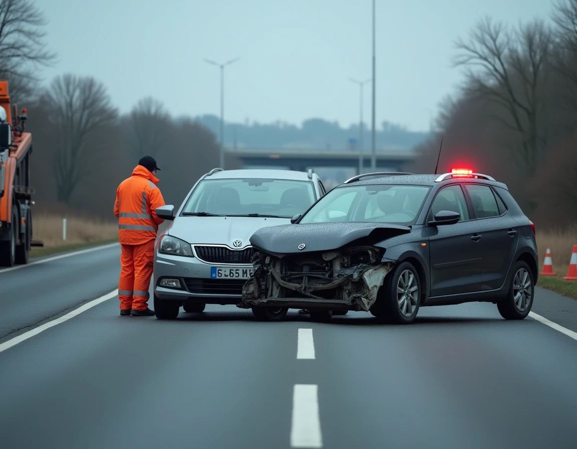 Collision entre deux véhicules sur une route périphérique de Rennes avec dépanneuse et signalisation de sécurité au sol