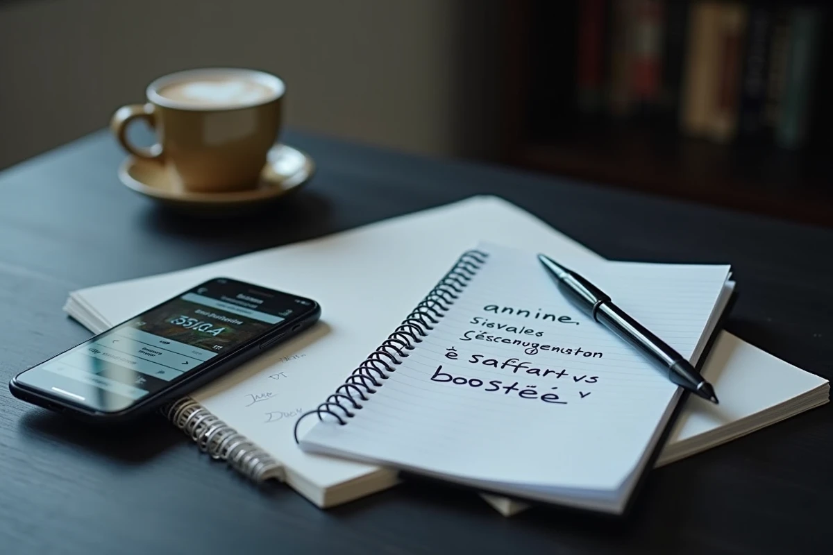 Vue de dessus d'un smartphone affichant les options d'annonce payante Leboncoin pour une voiture avec des notes manuscrites sur un bureau