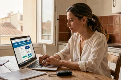 Femme marseillaise comparant des assurances voiture en ligne sur son ordinateur portable à domicile