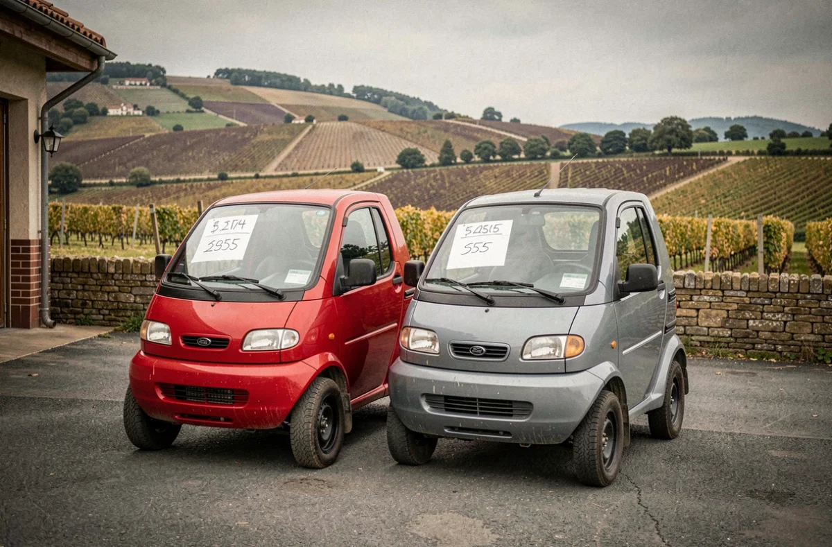Deux voitures sans permis d'occasion exposées chez un concessionnaire en Bourgogne avec vignes en arrière-plan