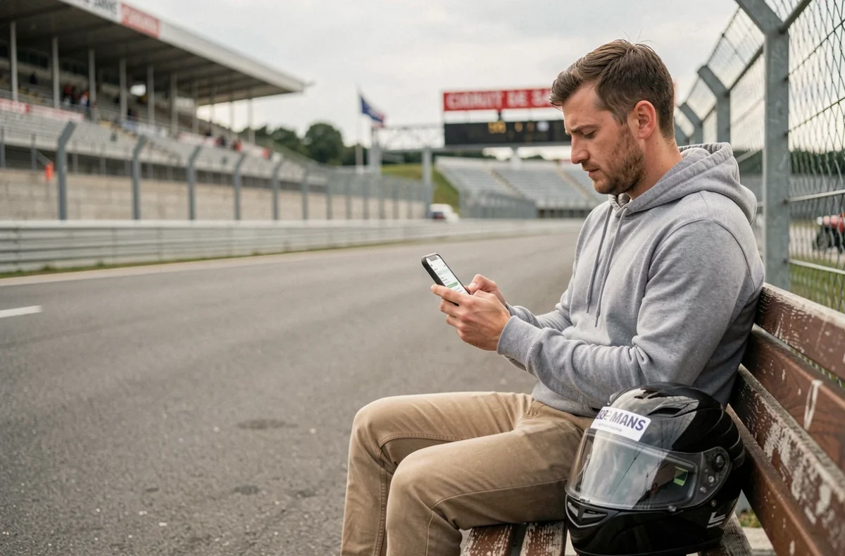 Jeune motard comparant des offres d'assurance moto sur smartphone près du circuit du Mans
