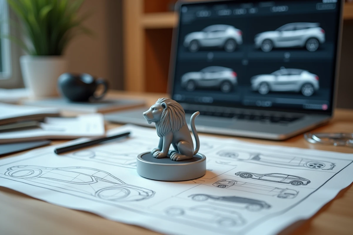 Processus de conception du logo Peugeot adapté aux modèles hybrides avec maquette et croquis sur bureau de designer