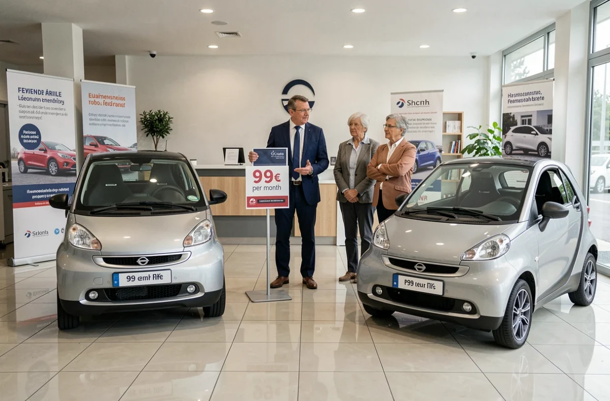 Vendeur présentant une offre de voiture sans permis à 99 euros par mois à un couple dans une concession automobile