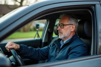 Homme conducteur dans une voiture avec radar en arrière-plan