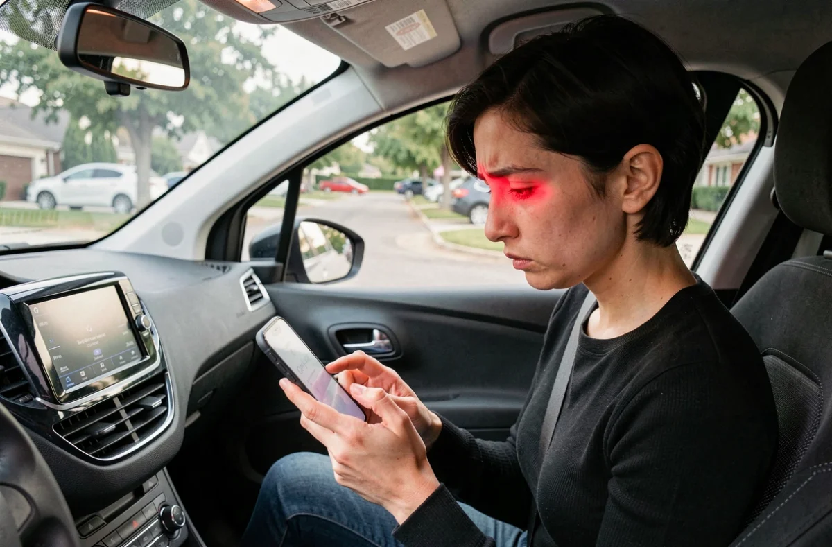 Conductrice inquiète dans une Peugeot 208 consultée son téléphone face à un voyant rouge allumé sur le tableau de bord