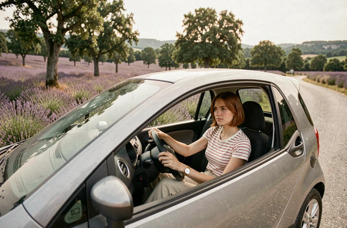 Jeune femme conduisant une voiturette sans permis sur une route rurale en Ardèche