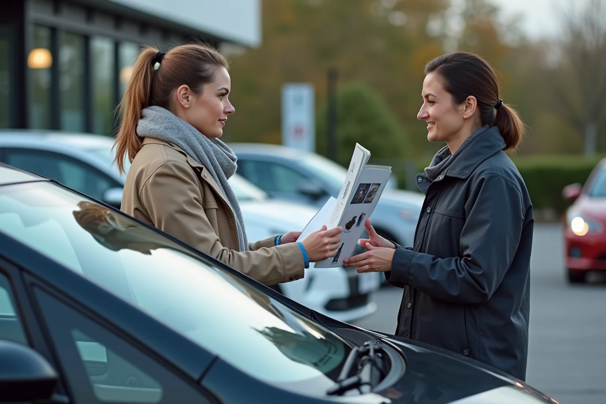 Femme discutant avec un conseiller auto devant sa voiture