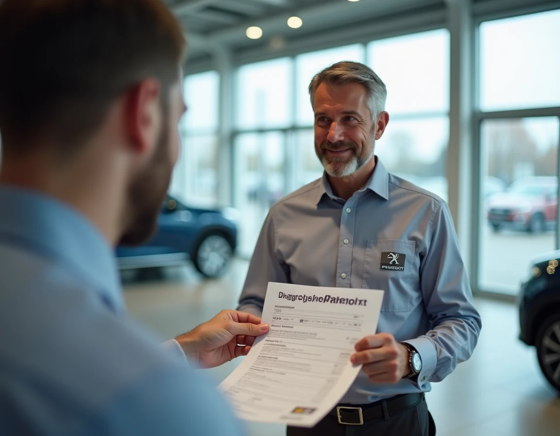 Conseiller Peugeot expliquant un rapport de diagnostic à un client en concession pour résoudre le voyant orange