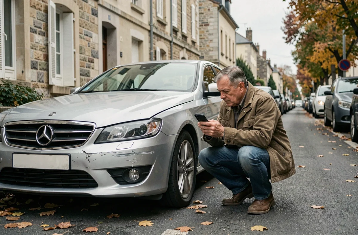 Propriétaire de voiture photographiant les dégâts sur son véhicule après un sinistre pour déclarer un accident à son assurance tous risques