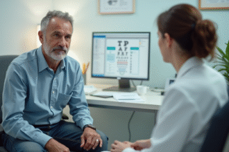 Homme d'âge moyen en consultation avec une médecin dans un cabinet